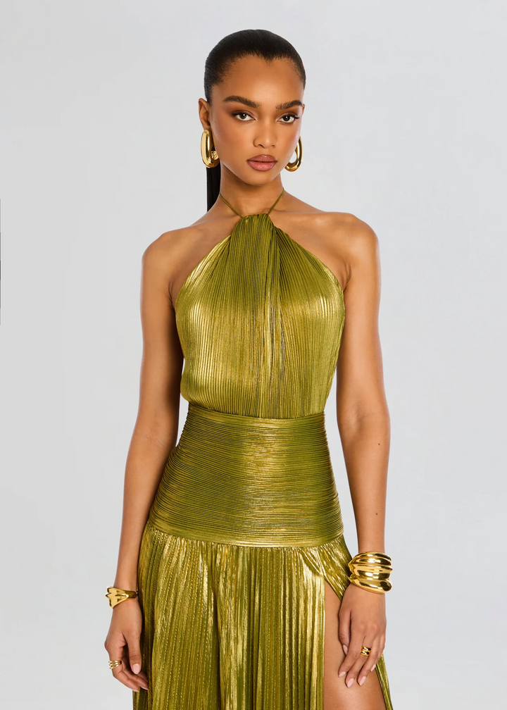 Théoline™ | Robe longue drapée en satin métallisé